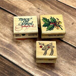 LOT OF 3 RUBBER STAMPEDE WOOD MOUNTED STAMPS REINDEER HOLLY BERRY PEACE HOLIDAY